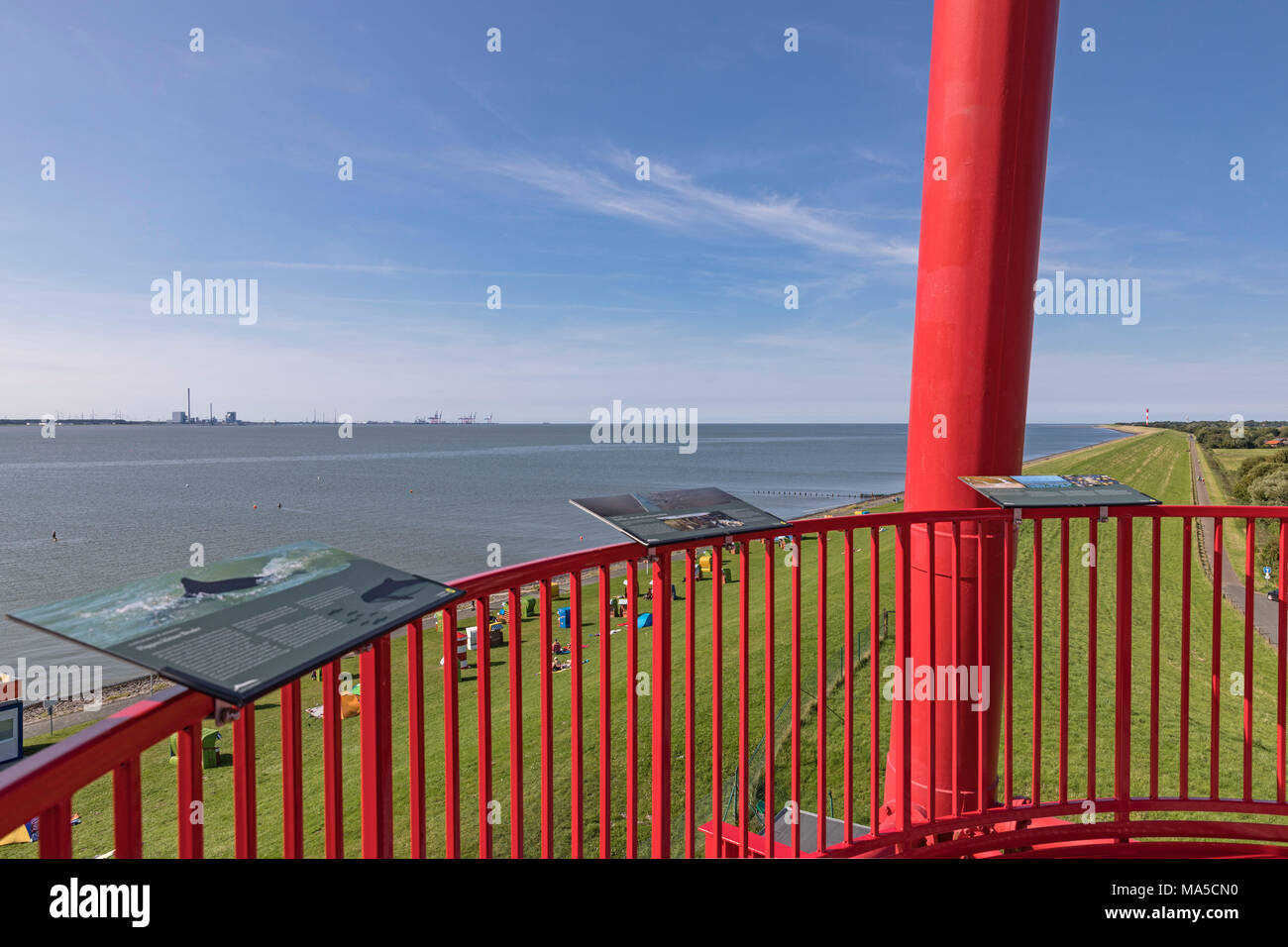 View from the lighthouse 'Oberfeuer Reußeneck', beach, in the background Wilhelmshaven, power plants, JadeWeserPort, Eckwarderhörne, district of the Butjadingen municipality, administrativ district Wesermarsch, Stock Photo