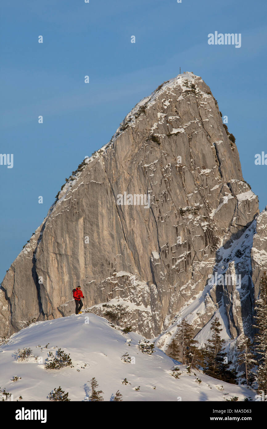 Climber with snowshoes in front of the Ruchenköpfen, Mangfall Mountains, Bavarian Alps, Bavaria, Germany Stock Photo