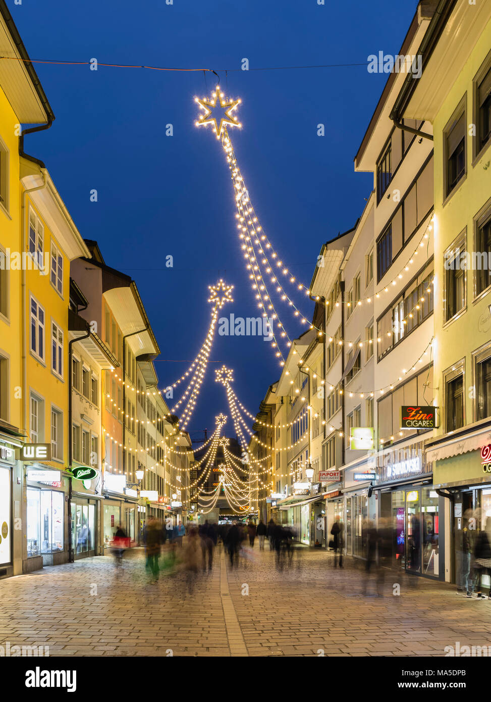 Marktgasse and Untertor in Winterthur with Christmas lights Stock Photo