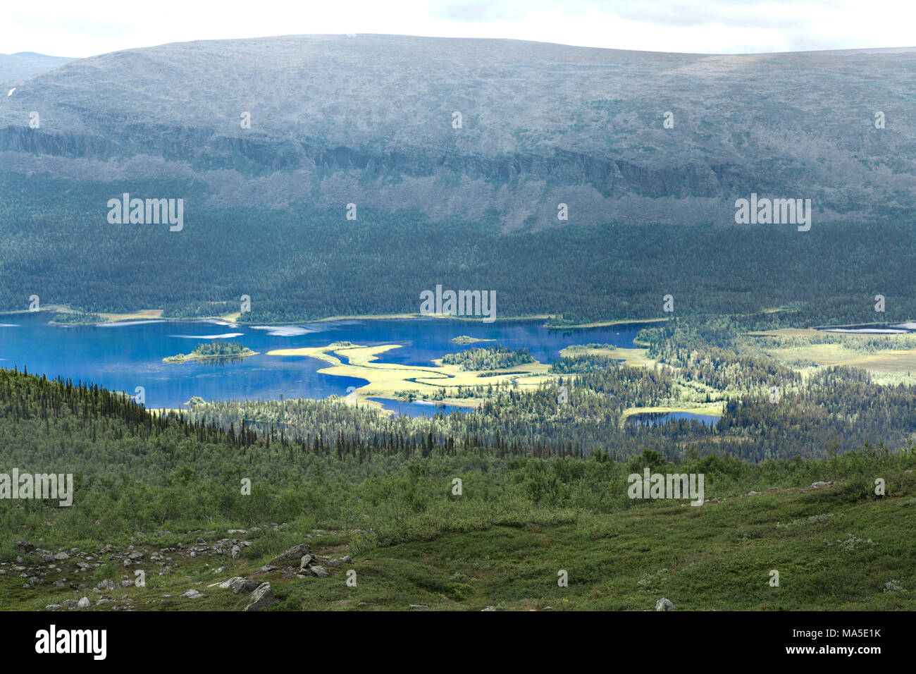 View from Kungsleden (King's Trail) on the Rittak lake and the Kvikkjokk nature reserve in Sarek National Park, Sweden Stock Photo