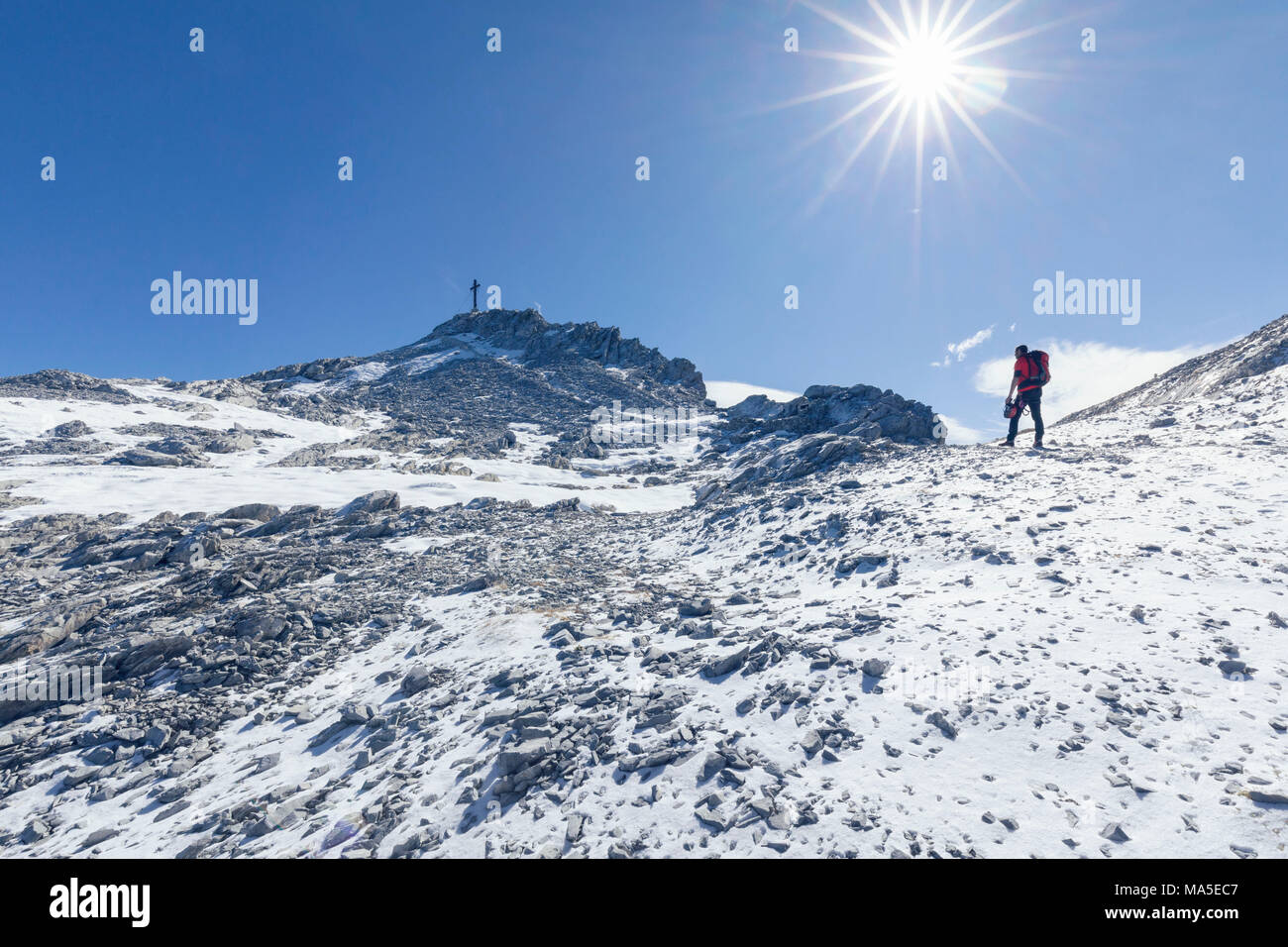 mountaineer near the peak of the mount Gr. Kinigat (Cavallino), Kartitsch, East Tyrol, Austria, Europe Stock Photo