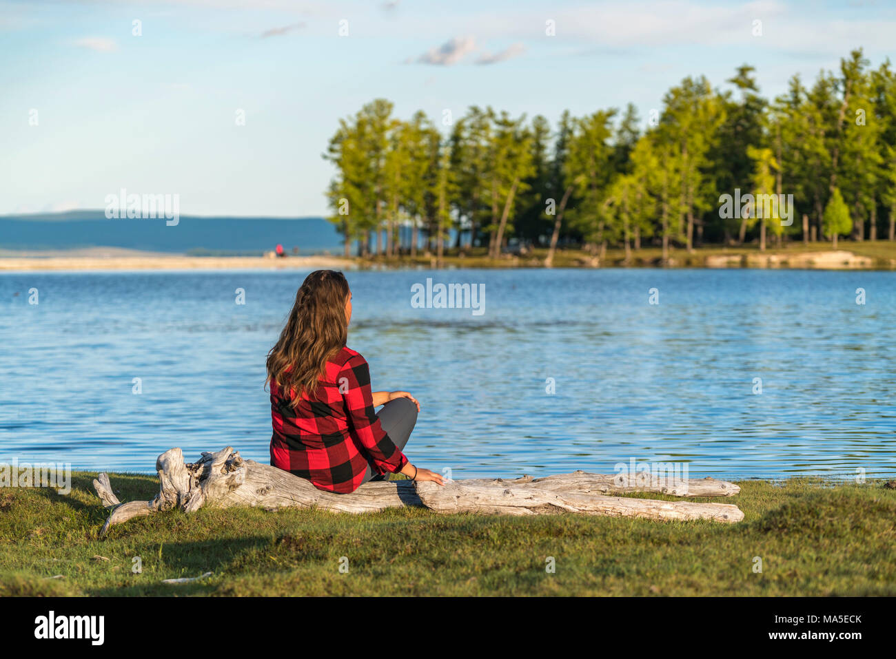 Woman with long hair and checked shirt sitting on a log on the shores of Hovsgol Lake. Hovsgol province, Mongolia. Stock Photo