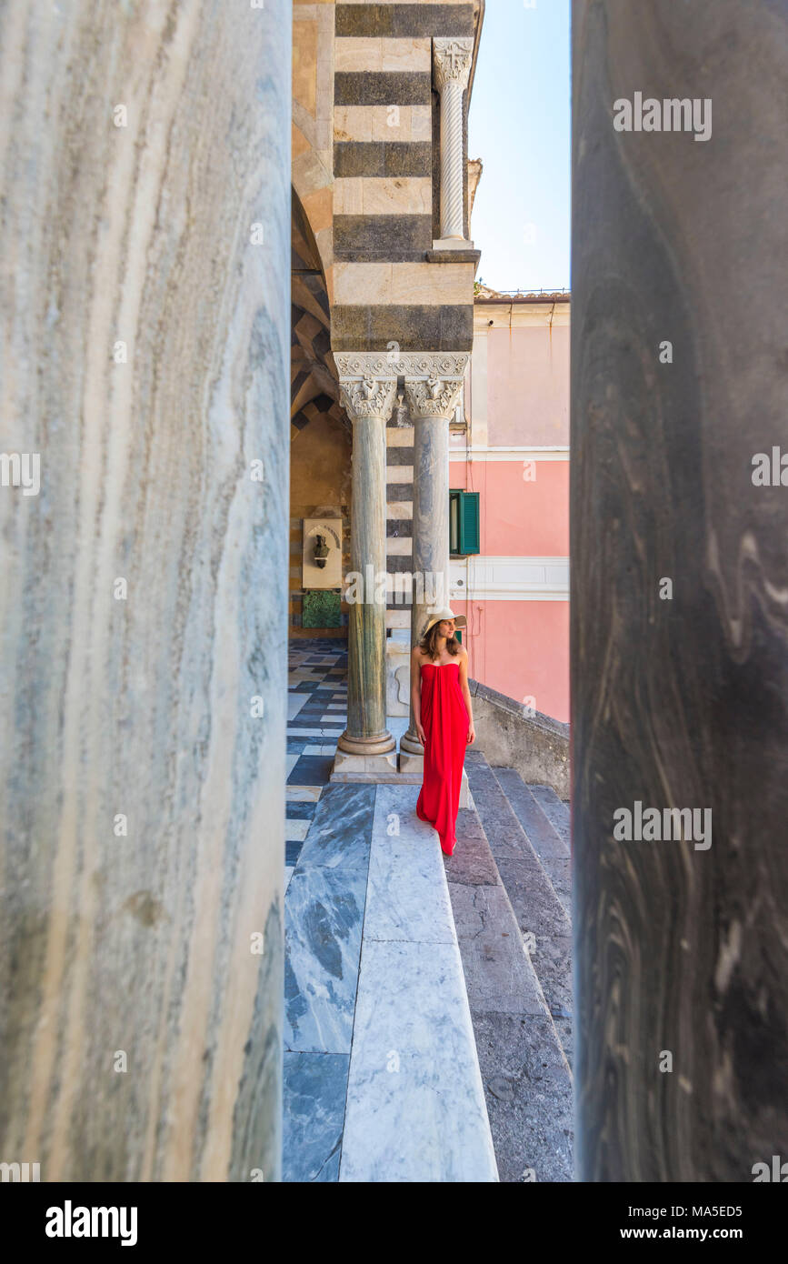 Amalfi, Amalfi Coast, Salerno Province, Campania, Italy, Girl walks for the Amalfi Cathedral Stock Photo