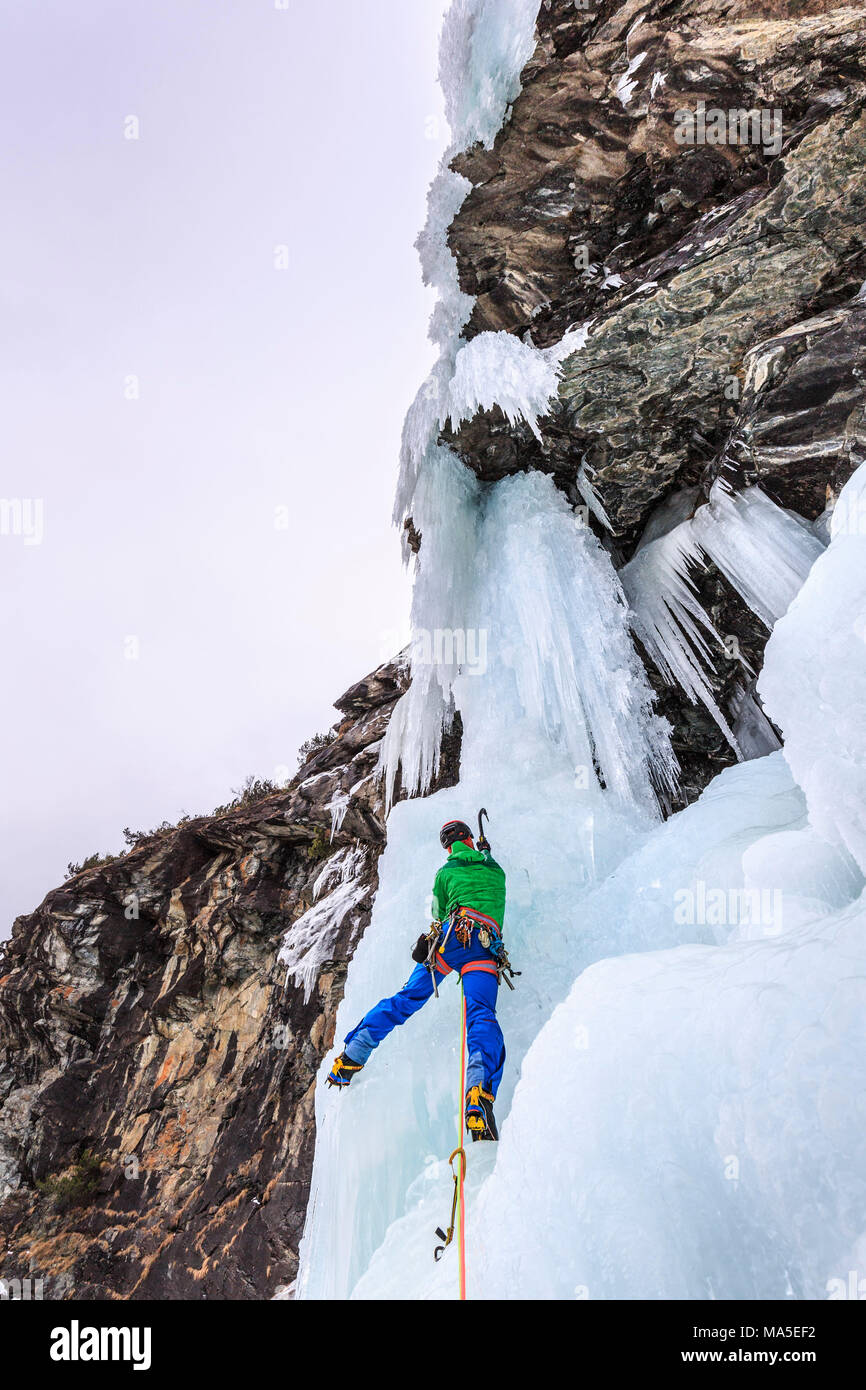 Ice climbing, Specchi icefall (Cascata degli Specchi), Malenco Valley, Valtellina, Lombardy, province of Sondrio, Italy Stock Photo