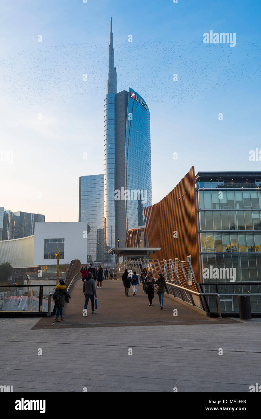 Milan, Lombardy, Italy.  Gae Aulenti square with Unicredit Towers Stock Photo