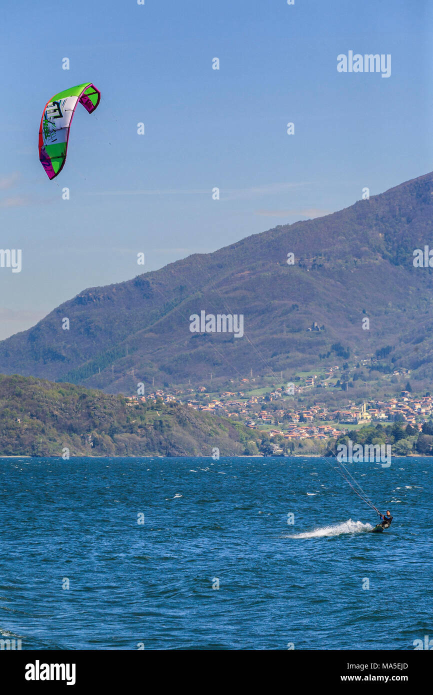 Lombardy, Italy, provence of Como. Kitesurf on the Como lake Stock Photo