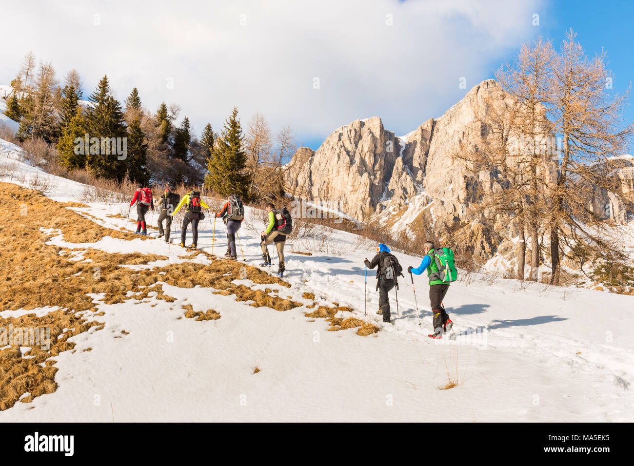 Walkers in the mountains Europe, Italy, Veneto, Dolomite of Zoldo, Belluno, Staulanza pass Stock Photo