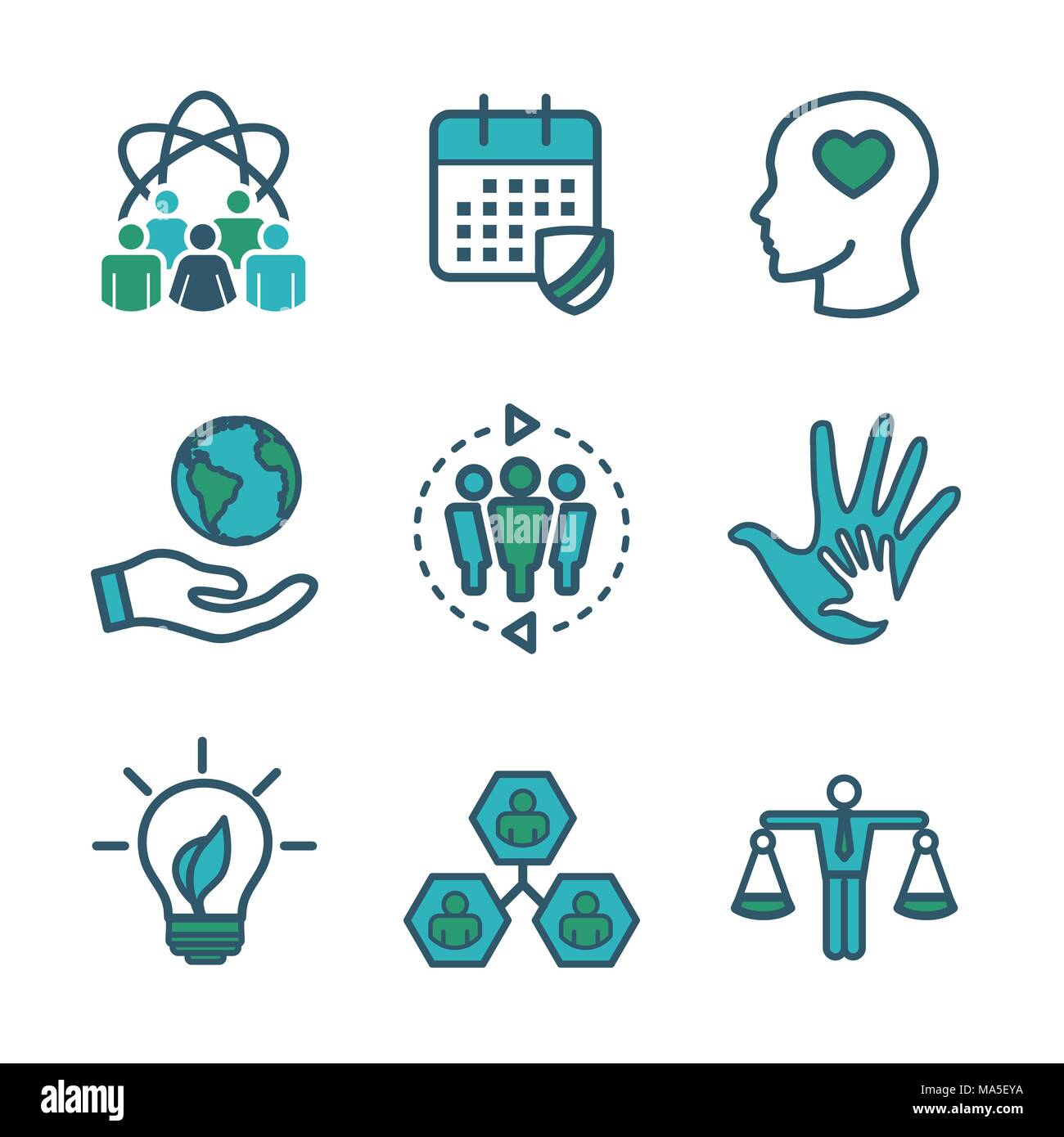 Social Responsibility Outline Icon Set with Honesty, integrity, & collaboration, etc Stock Vector