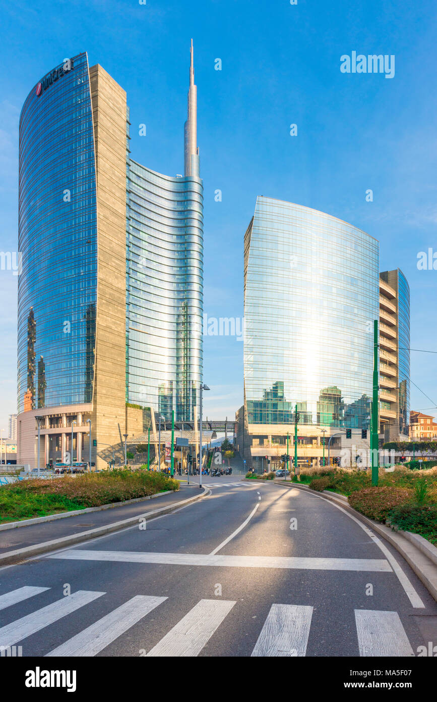 Milan, Lombardy, Italy.  Streets of Milan with view of Unicredit Towers Stock Photo