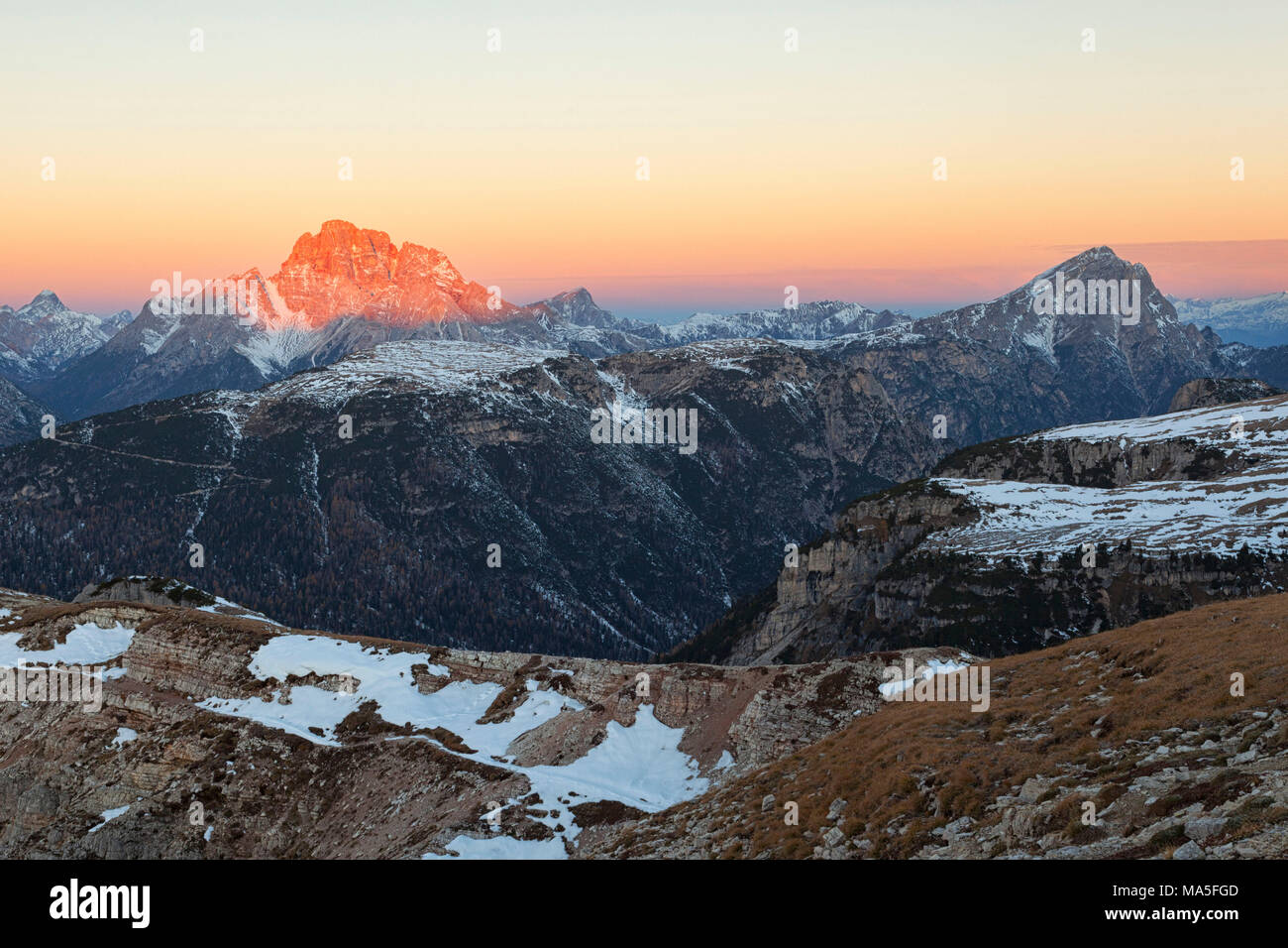 Dawn from Campedelle Mount, Auronzo di Cadore, Belluno Province, Veneto, Italy Stock Photo
