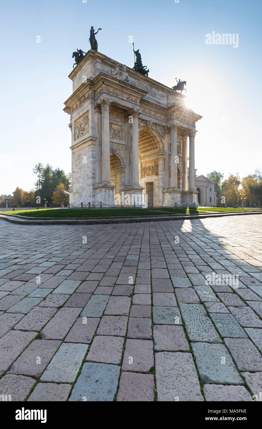 a view of the Arco della Pace, a triumphal arch in white marble, Milan province, Lombardy, Italy Stock Photo