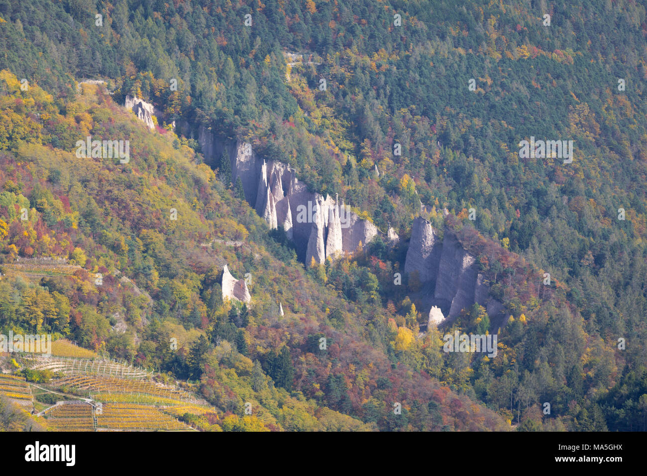 View of Cembra Valley in autumn and Segonzano Pyramids, Trentino District, Italy Stock Photo