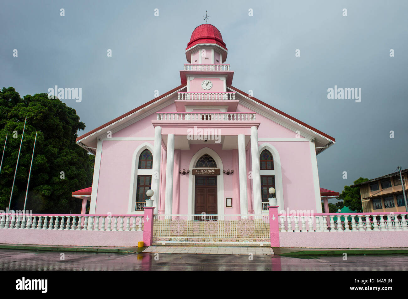 Pink church, Tahiti, French Polynesia Stock Photo