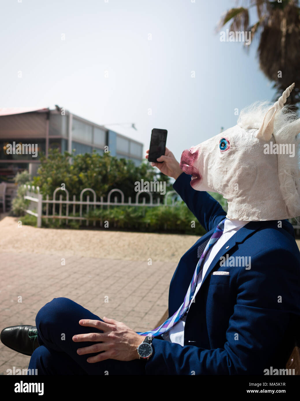 Young unusual man in horse head mask and elegant suit makes a photo by phone. Unicorn is enjoying warm summer day. Strange guy sits on bench Stock Photo