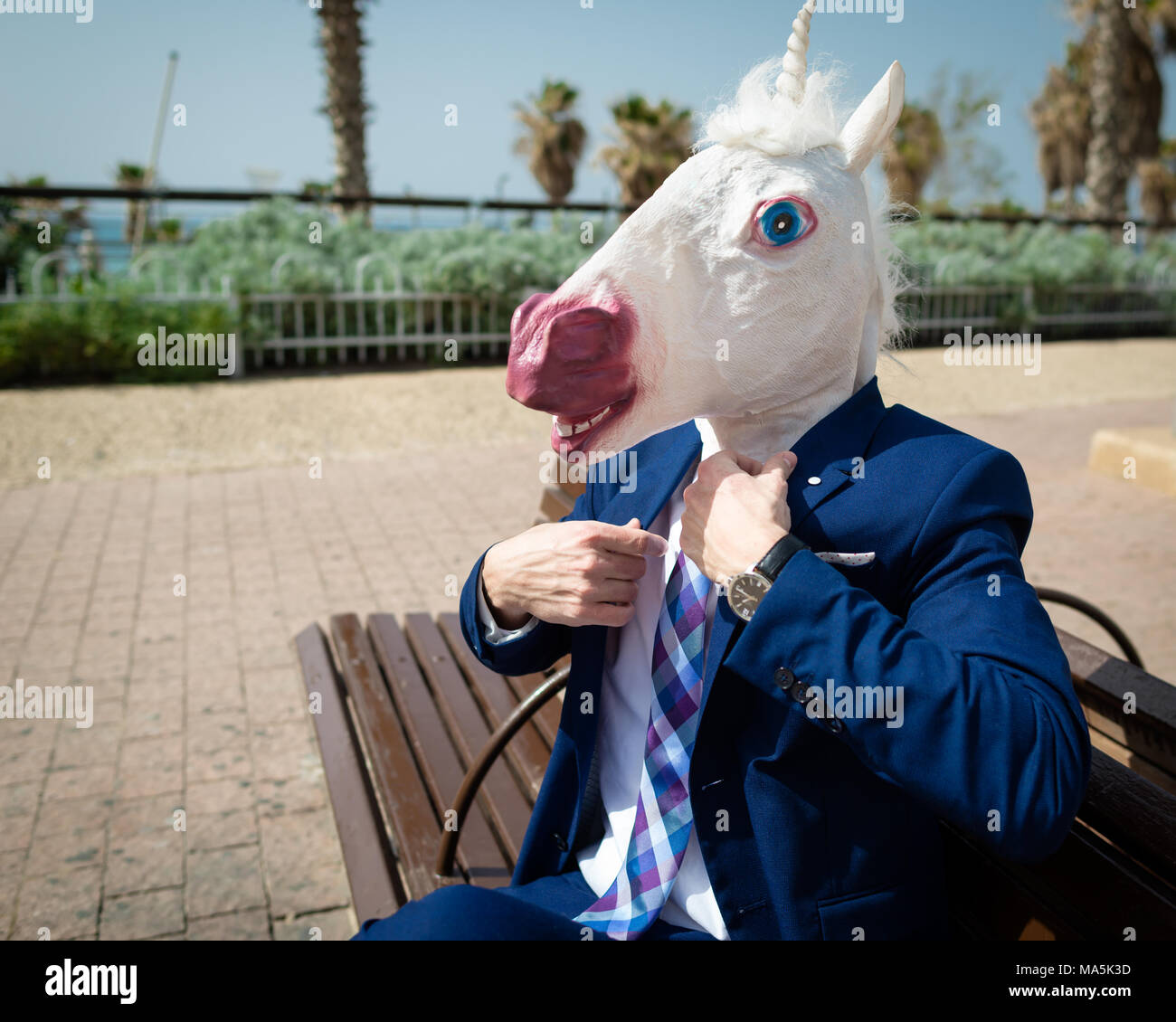Young strange man is dressed up a suit on background of city street. Unusual manager in comical mask. Funny unicorn sits on bench and enjoying Stock Photo
