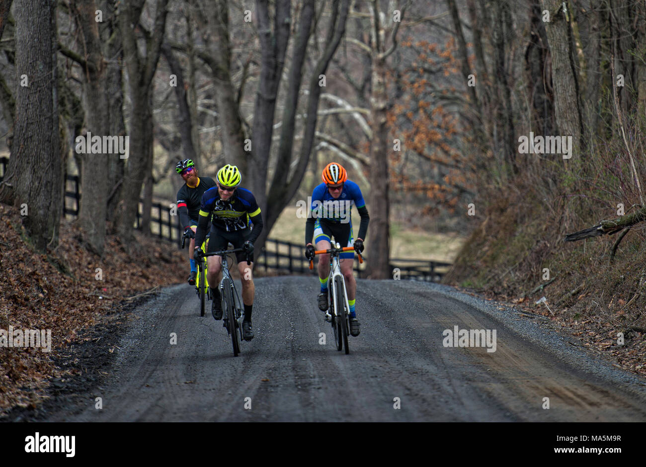 UNITED STATES: March 29, 2018: Bicycle riding has become really popular on the historic gravel roads in in Western Loudoun County Virginia. (Photo by  Stock Photo