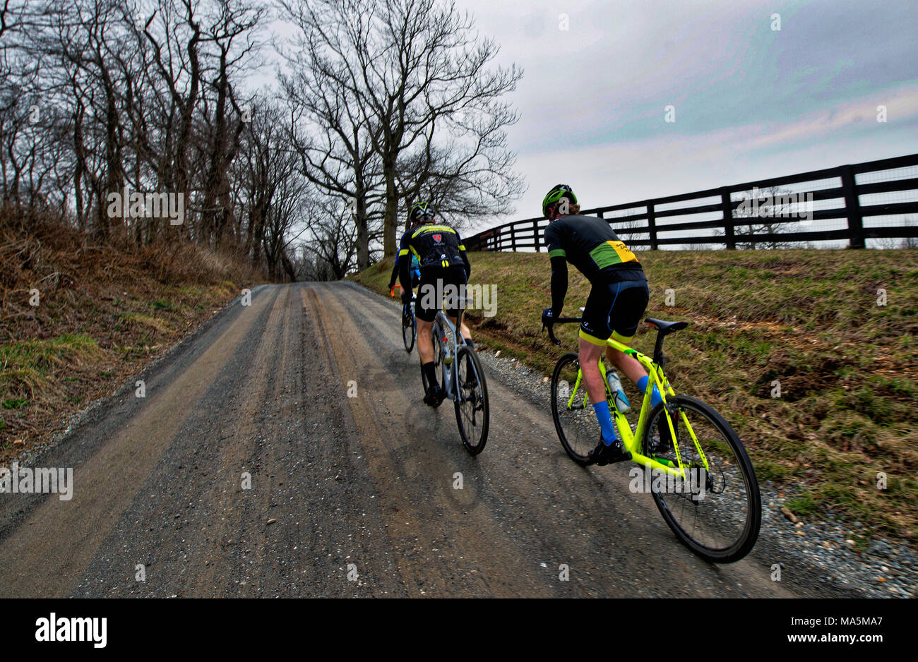 UNITED STATES: March 29, 2018: Bicycle riding has become really popular on the historic gravel roads in in Western Loudoun County Virginia. (Photo by  Stock Photo