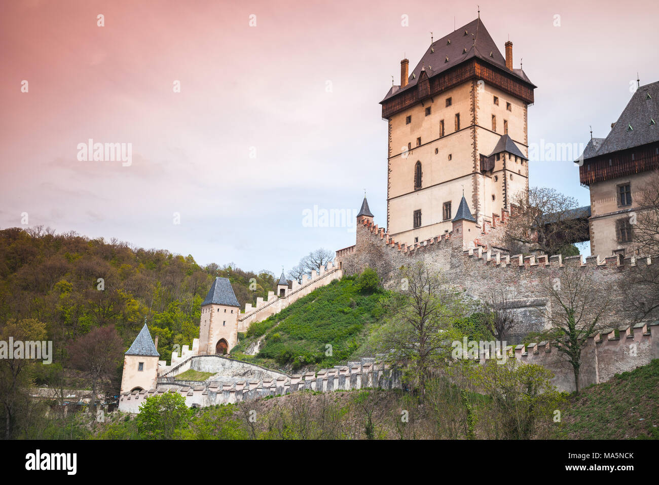 Karlstejn castle founded 1348 CE by Charles IV, Holy Roman Emperor-elect and King of Bohemia. Karlstejn village, Czech Republic Stock Photo