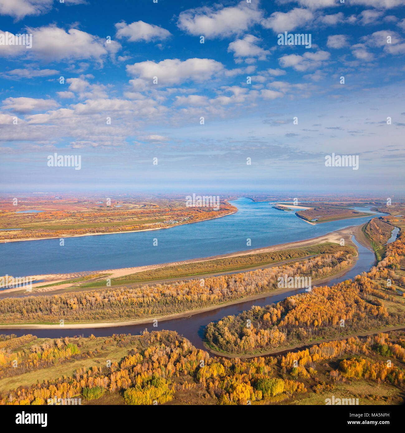Top view the great river in autumn Stock Photo
