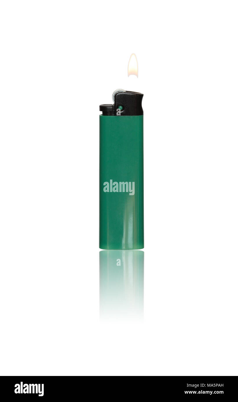 Plastic cigarette lighter with burning flame. Isolated on white with clipping path Stock Photo