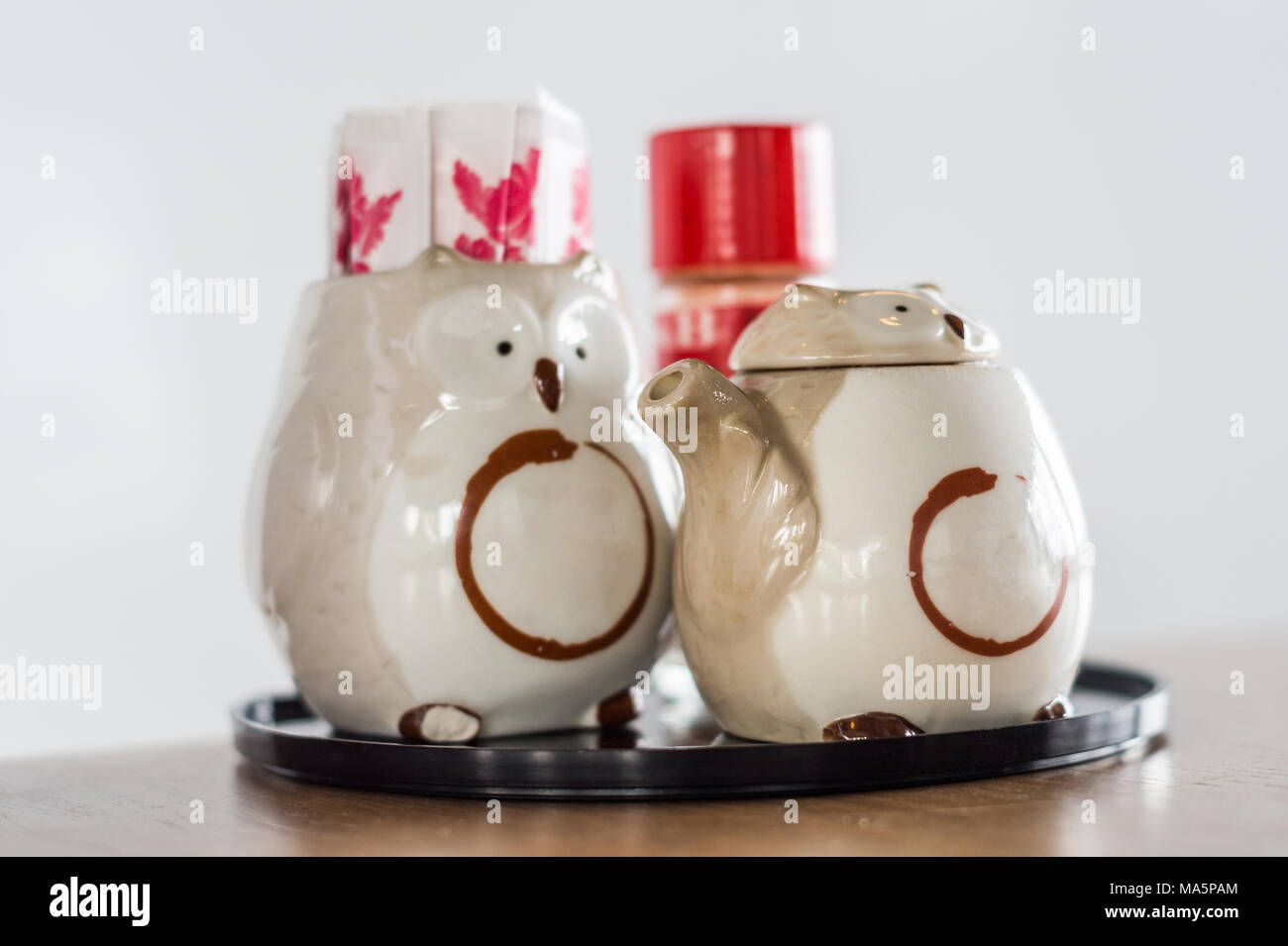 Owl ceramic bottle for soy sauce and toothpick, Japanese tableware set Stock Photo