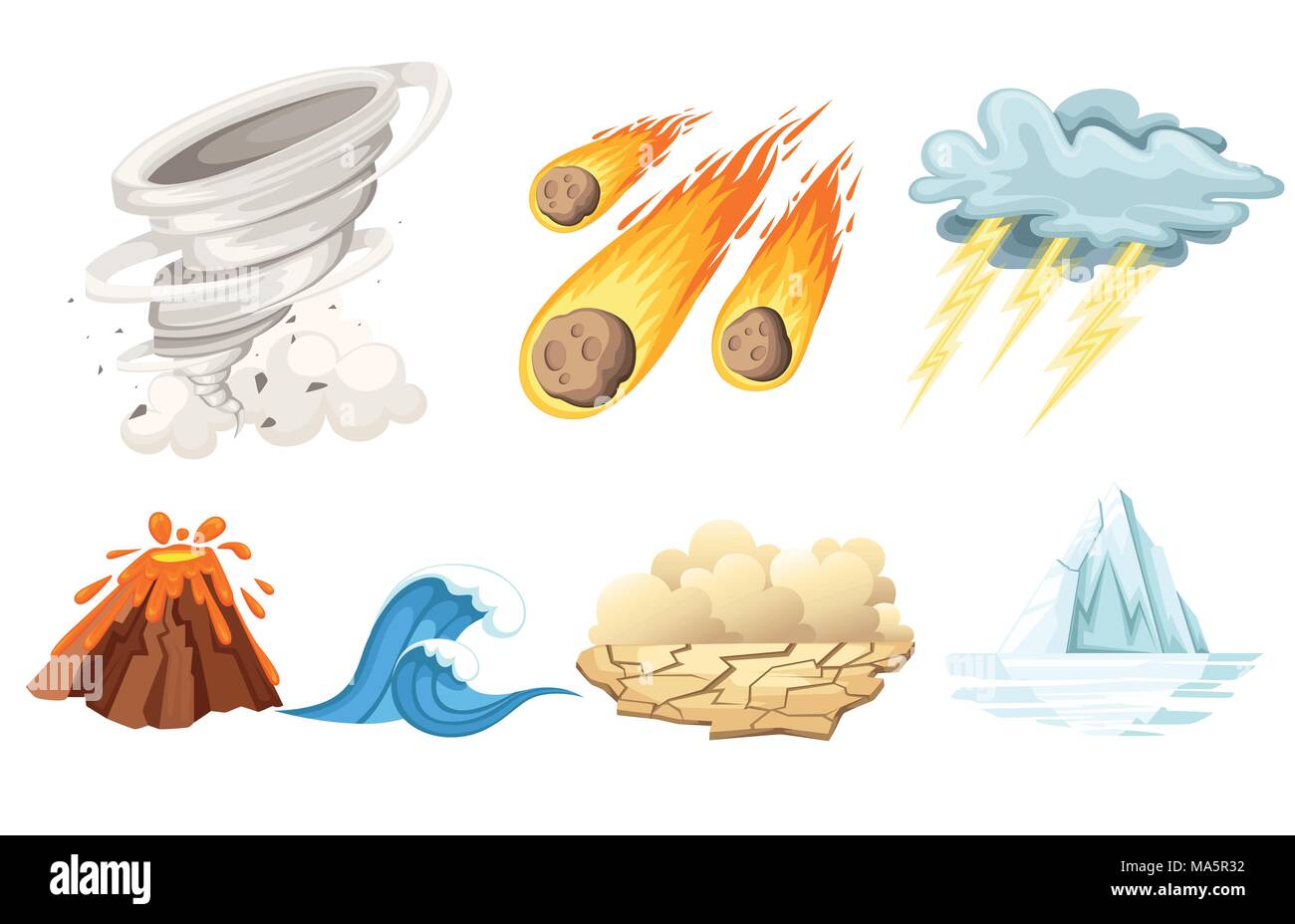 Natural cataclysm icons set. Tsunami wave, tornado swirl, flame meteorite, volcano eruption, sandstorm, deglaciation, storm. Cartoon style color icon. Stock Vector