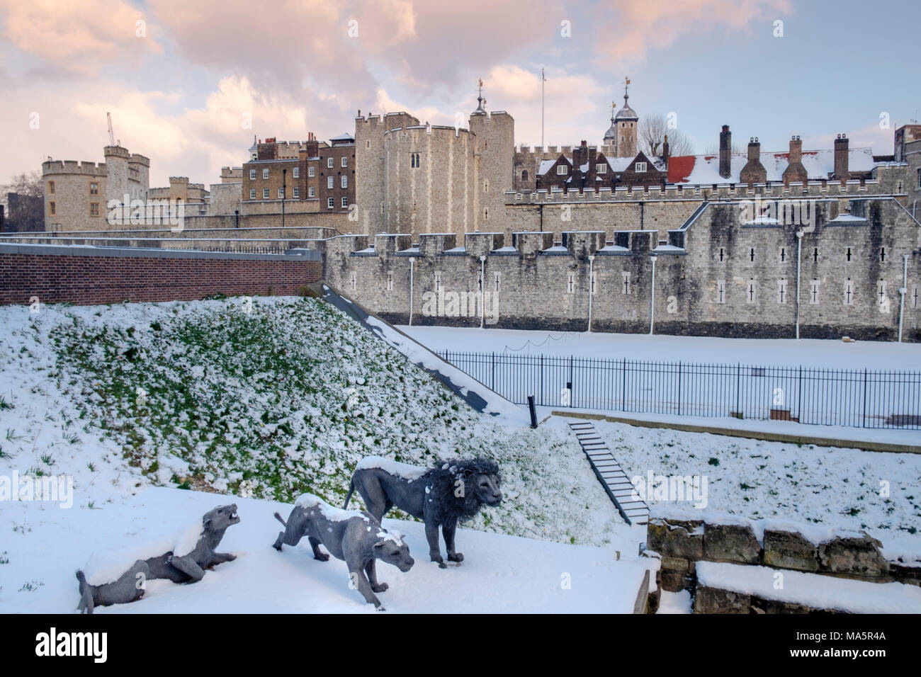 The Tower of London castle, Royal Palace and home to the Crown Jewels in the snow Stock Photo
