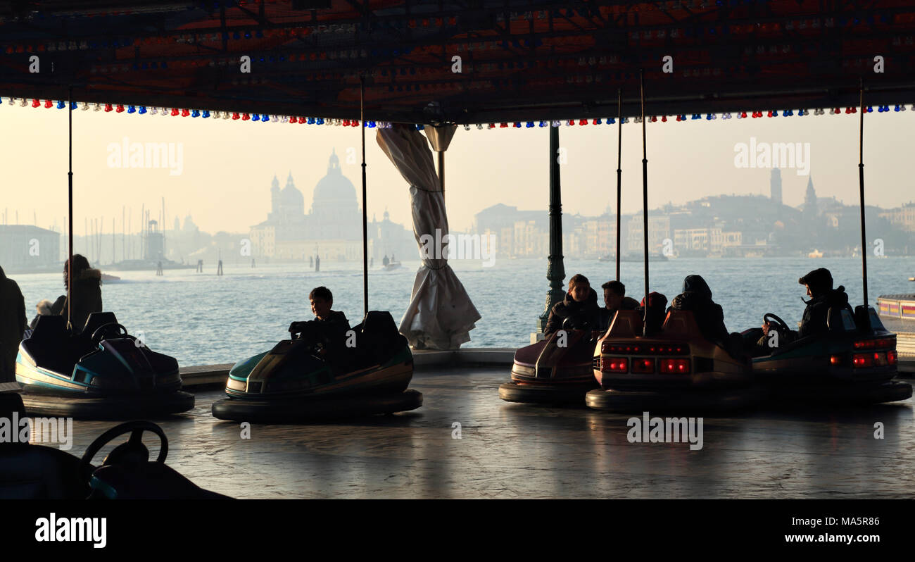 Mobile travelling funfair, fun park in Venice Stock Photo
