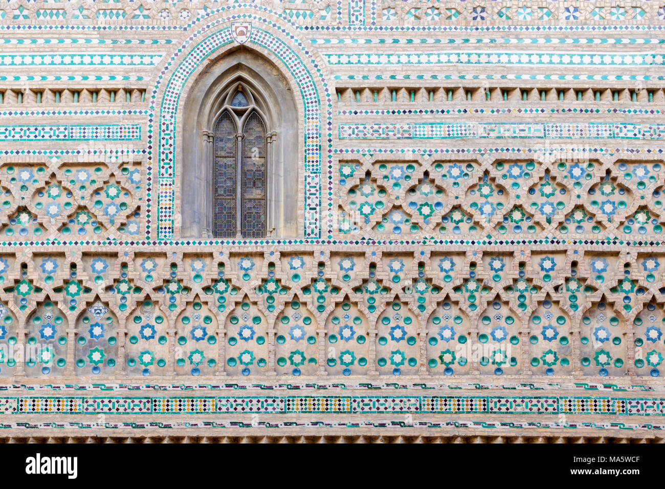 ZARAGOZA, SPAIN - MARCH 3, 2018:  The Mudejar facade of church La Seo del Salvador cathedral. Stock Photo