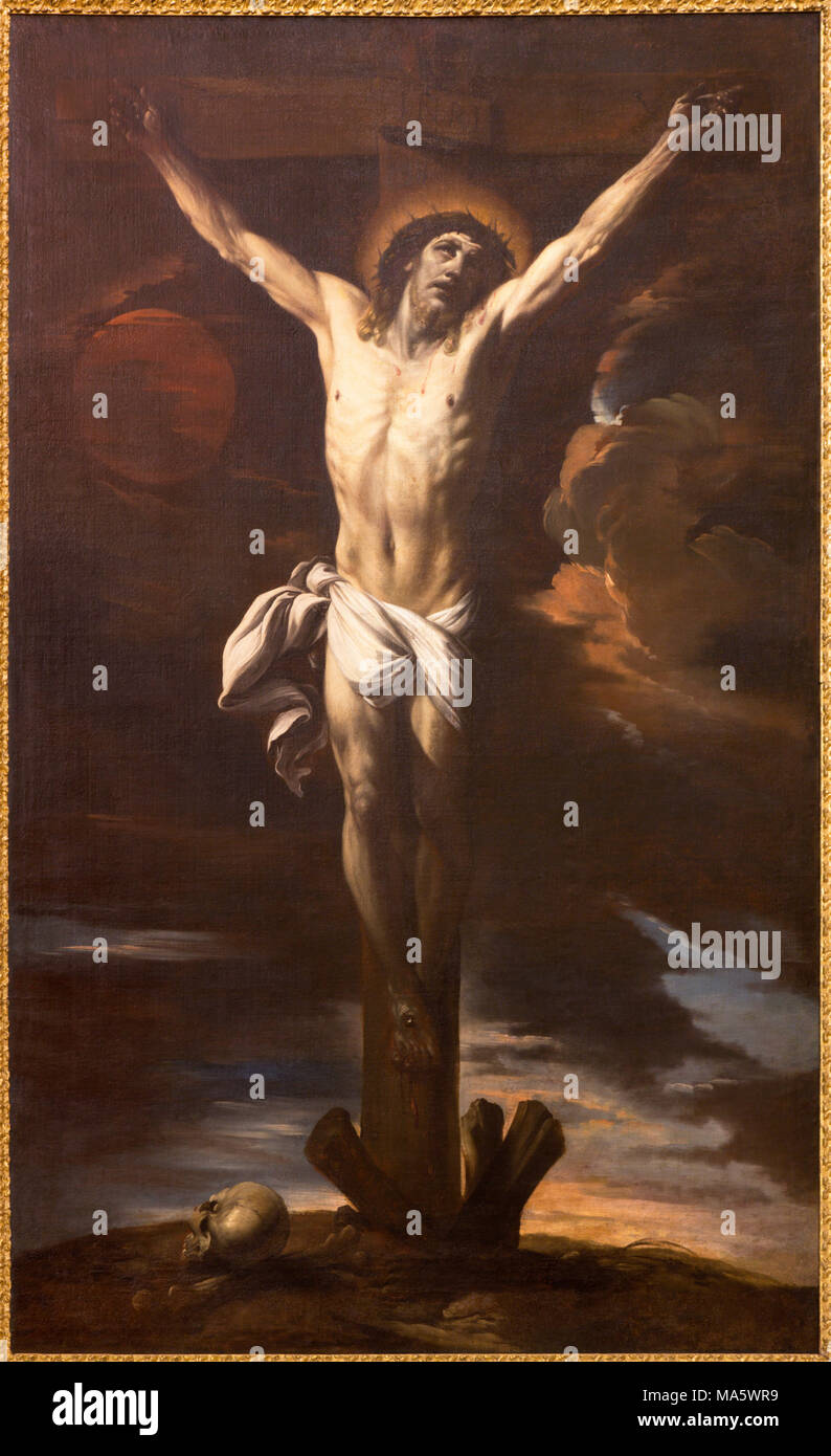 ZARAGOZA, SPAIN - MARCH 1, 2018:  The painting of Crucifixion in church by Giacinto Brandi (1670 - 1675). Stock Photo