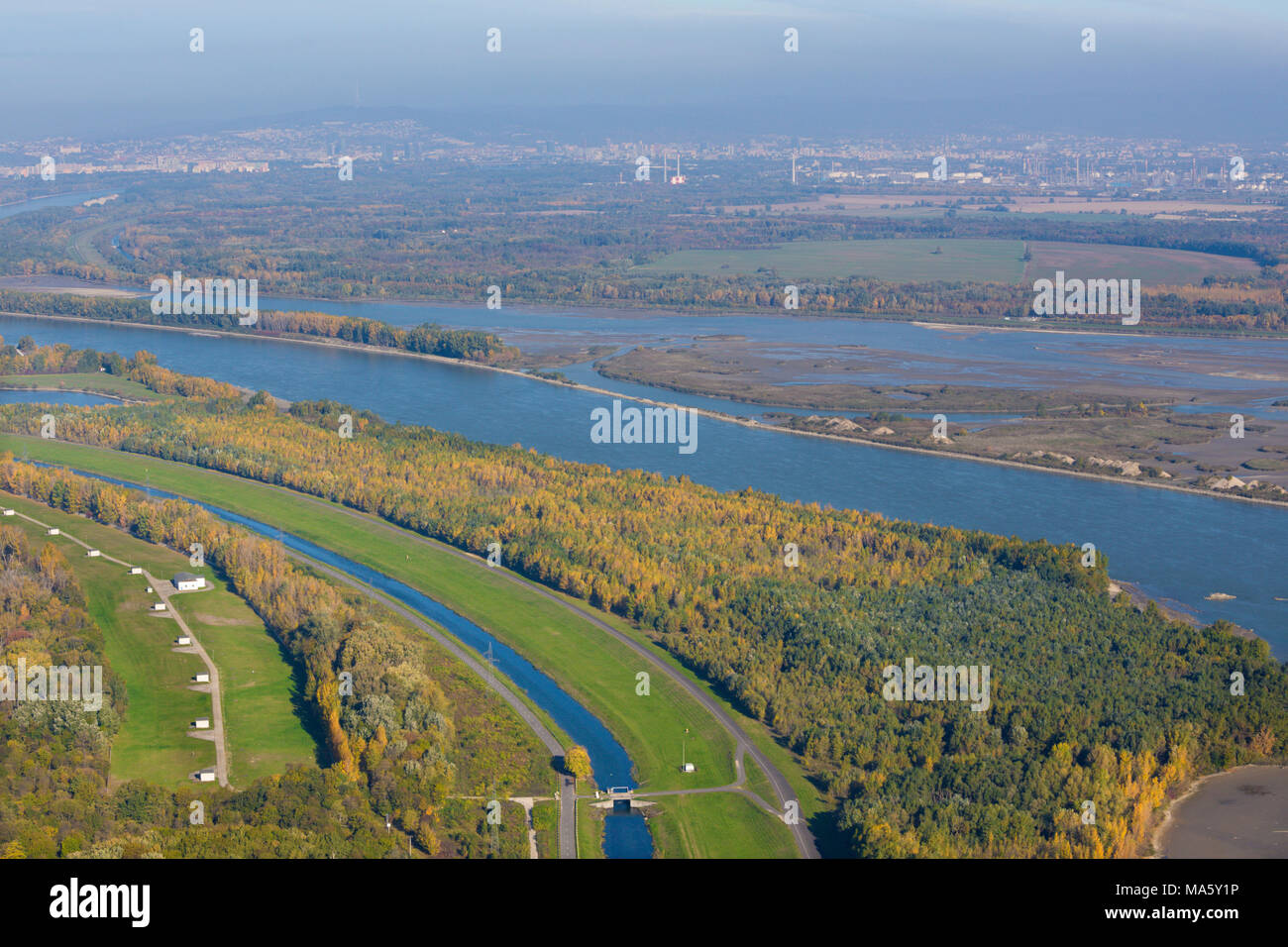 The Danube river under Bratislava from the airplane - Slovakia Stock Photo
