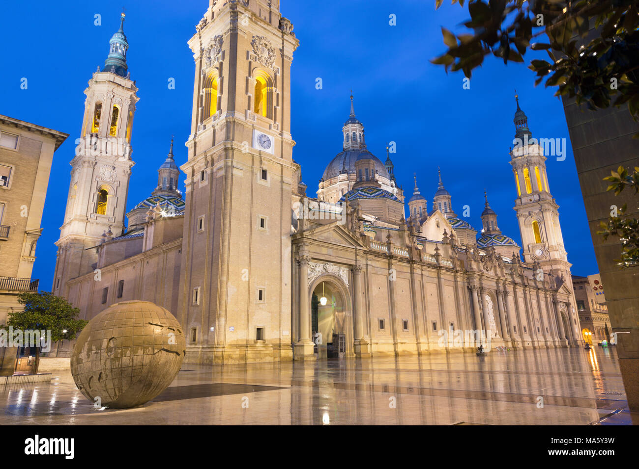 Zaragoza - The Basilica del Pilar church ast dusk. Stock Photo