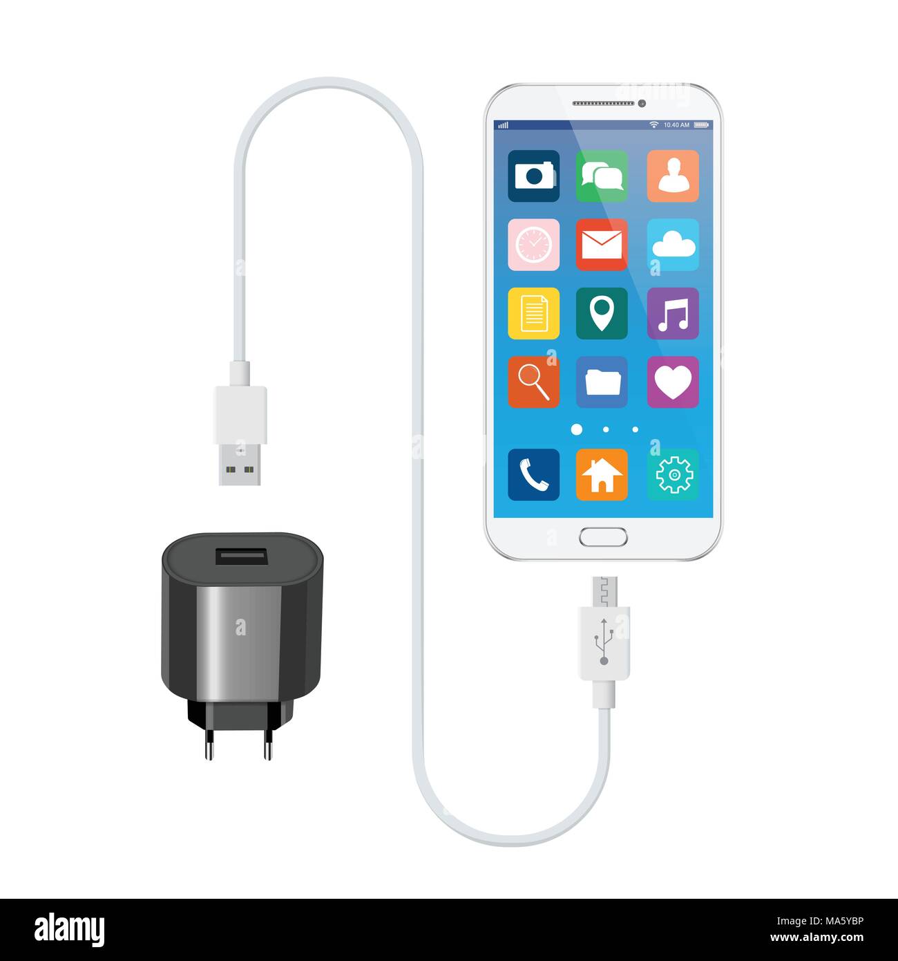 White smartphone with USB charger. Vector illustration Stock Vector