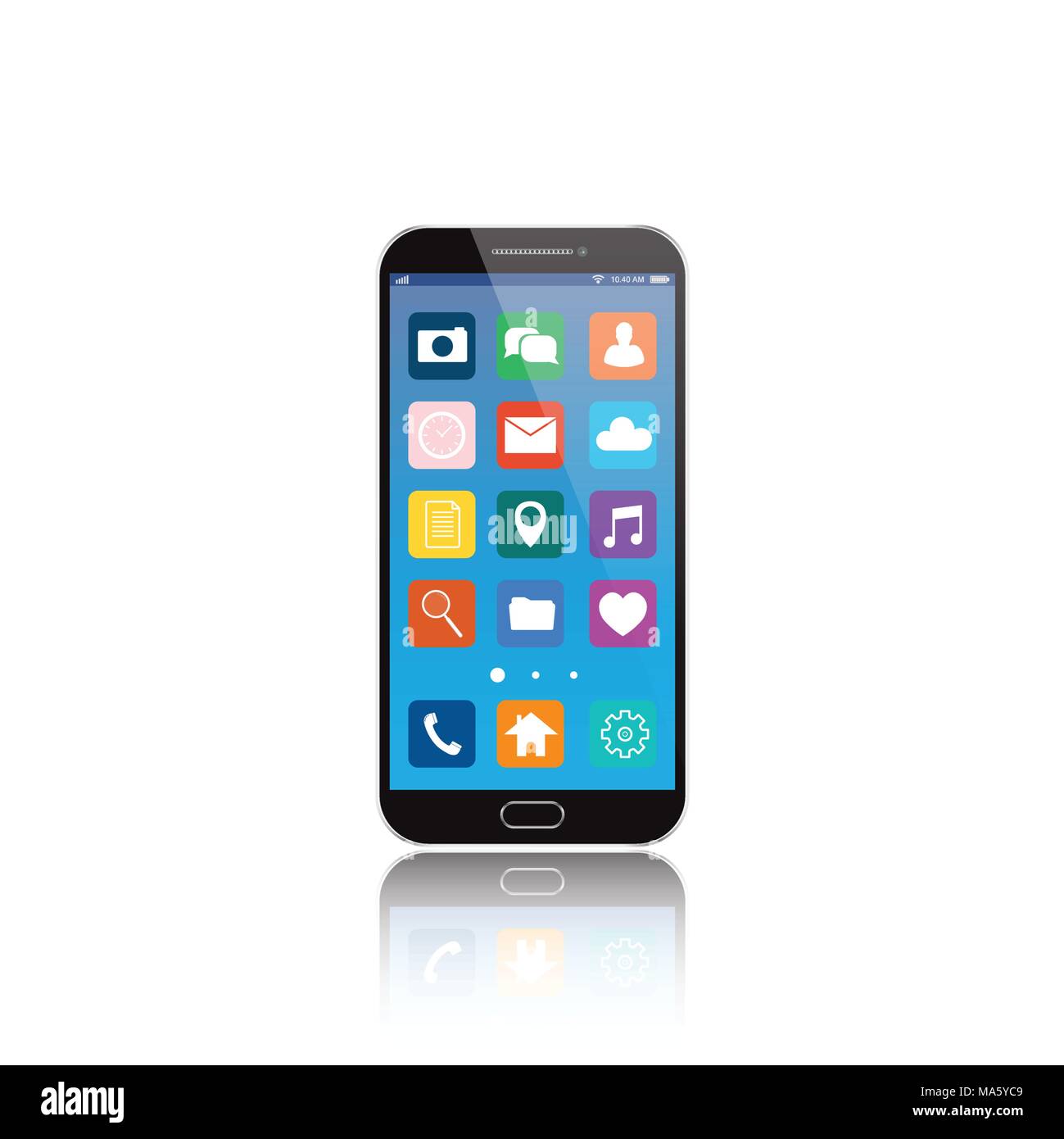 Black Smartphone with cloud of application icons and Apps icons flying around them, isolated on White background. EPS10 Stock Vector