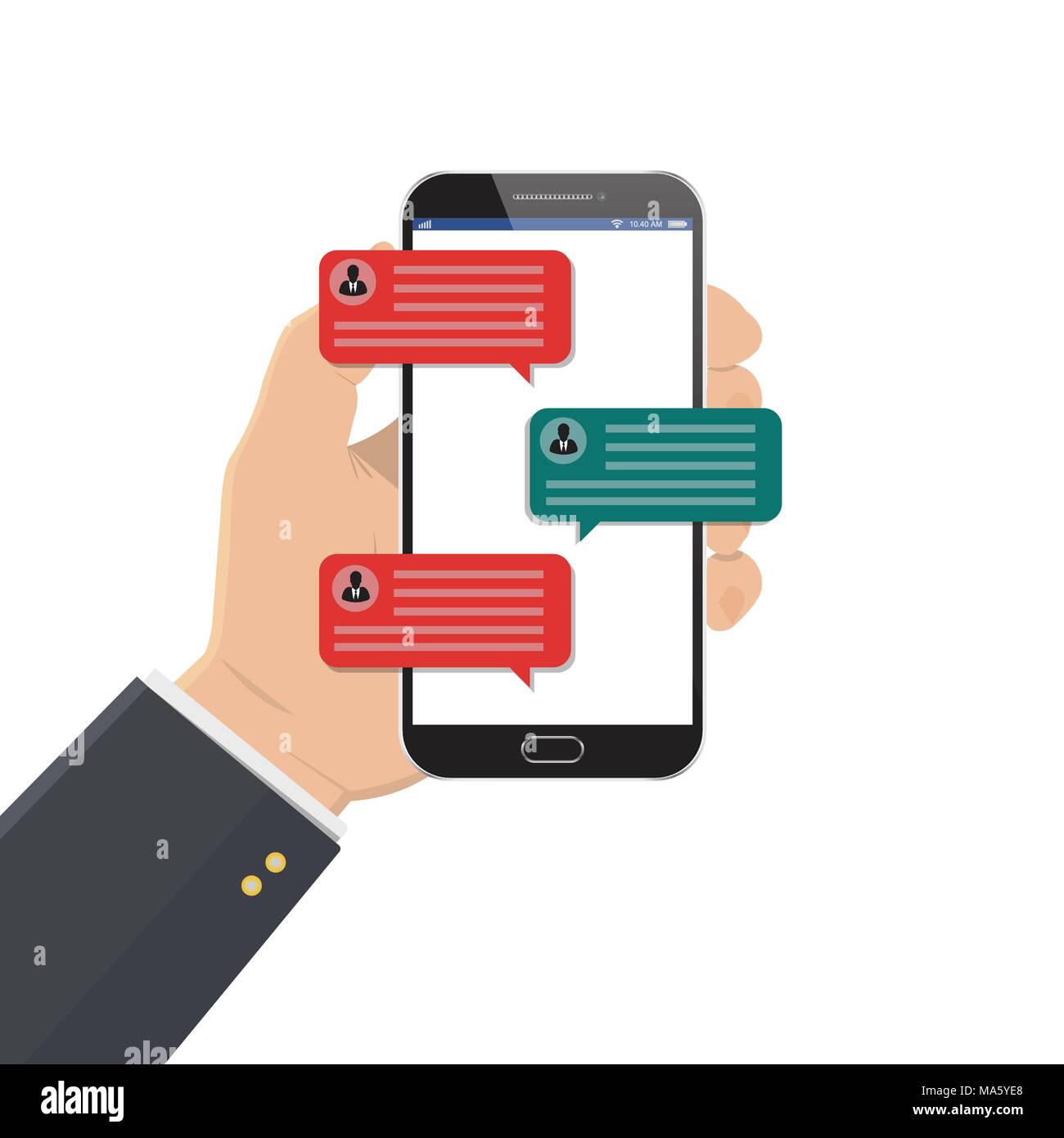 Mobile phone chat message notifications vector illustration isolated on color background, hand with smartphone and chatting bubble speeches, concept o Stock Vector