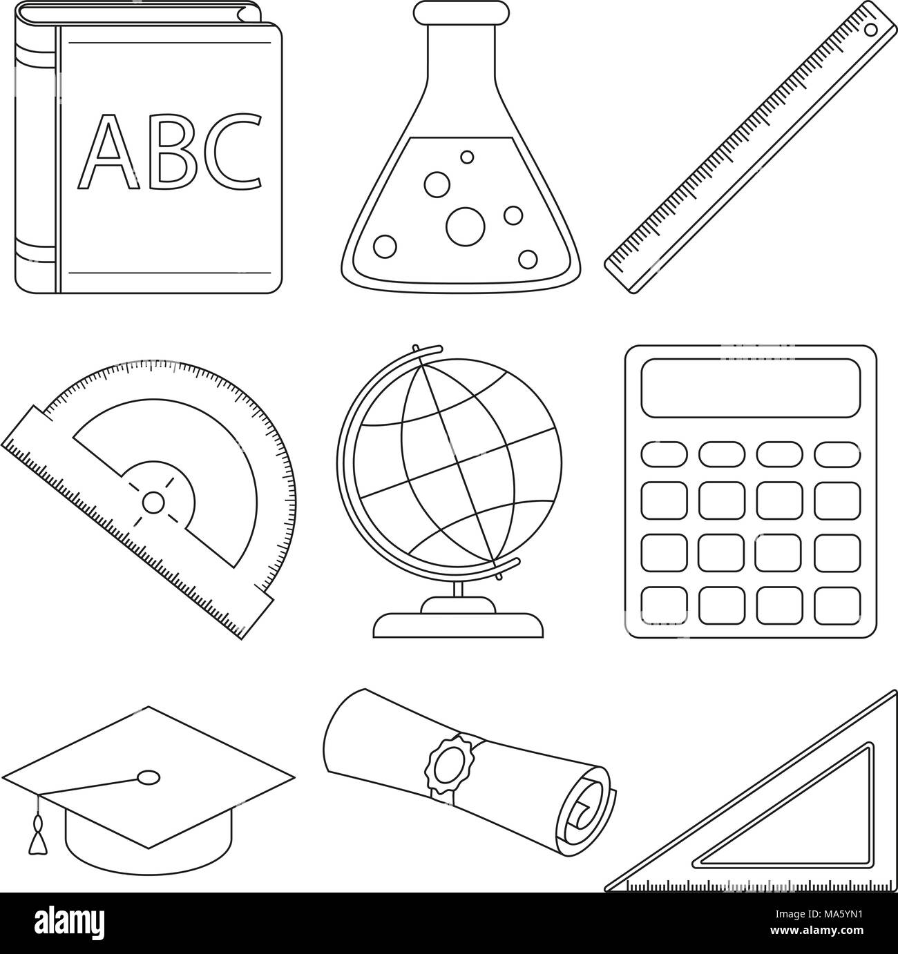 Line art black and white school set 9 elements. Education theme vector ...