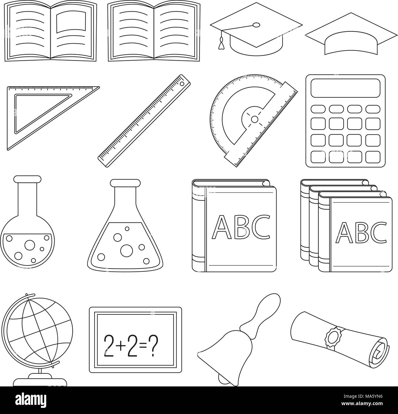 Line art black and white school set 16 elements. Education theme vector ...