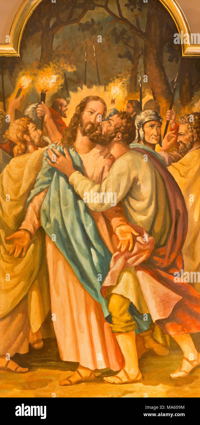 ZARAGOZA, SPAIN MARCH 3, 2018 The painting of Betray of Jesus with
