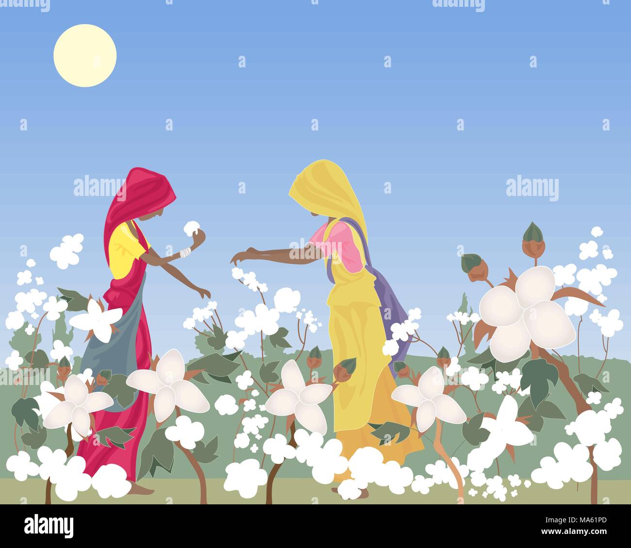 a vector illustration in eps 10 format of two traditionally dressed women laborers in India picking cotton in a field under a hot sun and blue sky Stock Vector