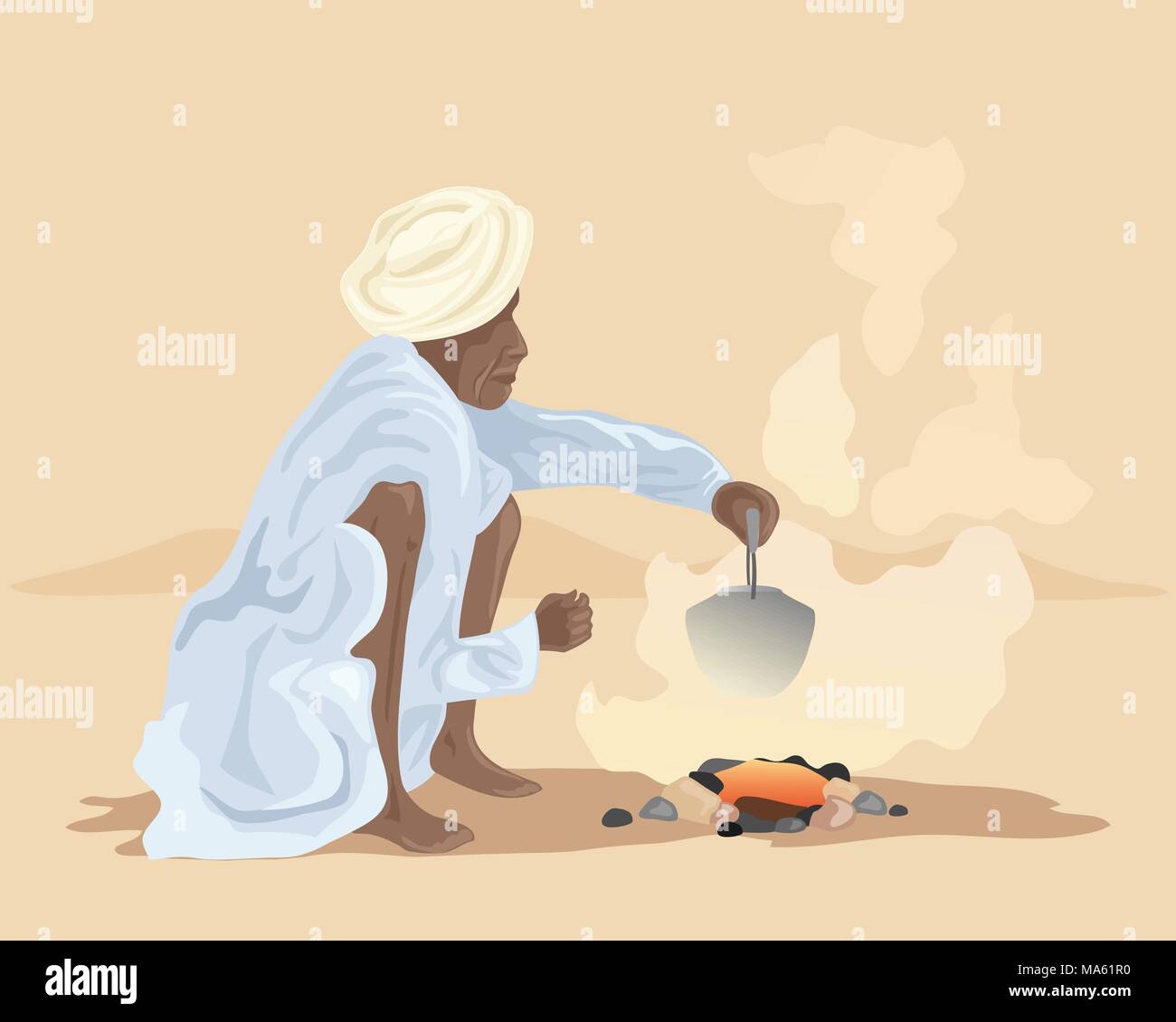 a vector illustration in eps 10 format of an Indian man making chai over a fire outside in a desert landscape Stock Vector