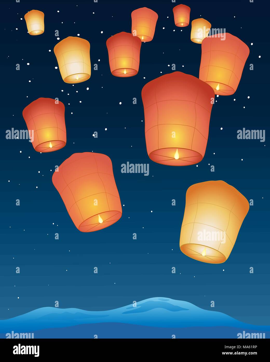 a vector illustration in eps 10 format of Chinese sky lanterns with bright flames floating away into a starry night sky Stock Vector