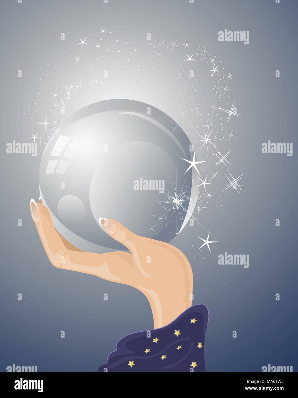 a vector illustration in eps 10 format of a magicians hand with purple robe holding a magic crystal ball with sparkles and stars Stock Vector