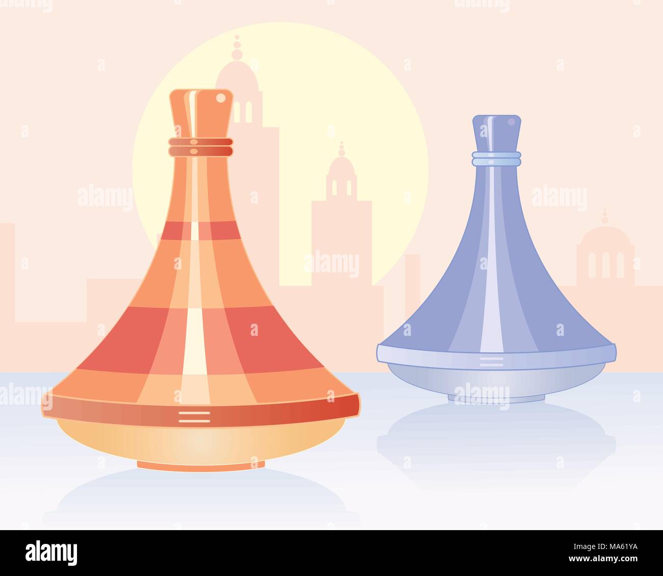 a vector illustration in eps 10 format of two traditional Moroccan tagines in front of a sunset skyline Stock Vector