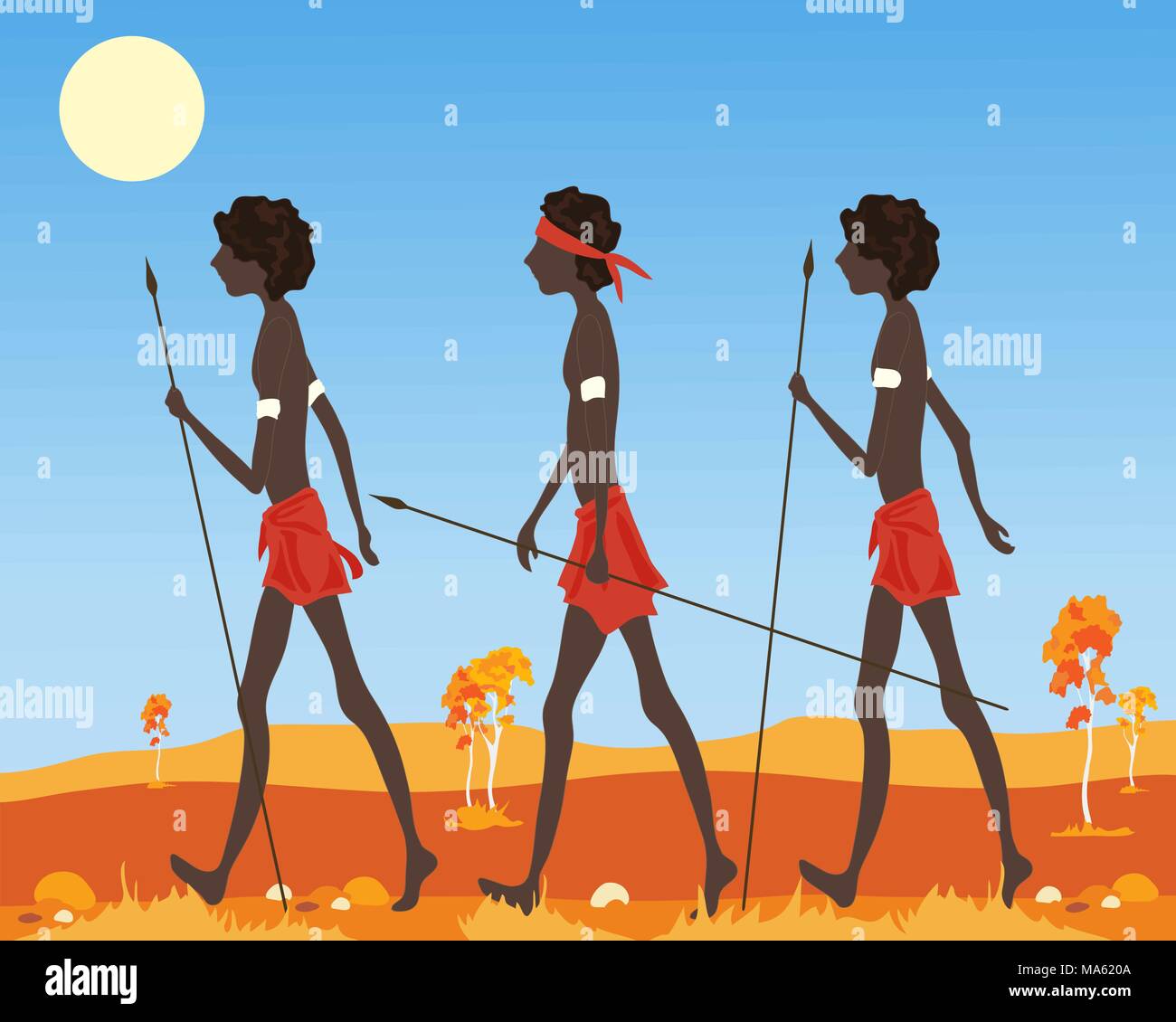 a vector illustration in eps 10 format of a three Australian aborigine men dressed in traditional clothing walking in the outback Stock Vector