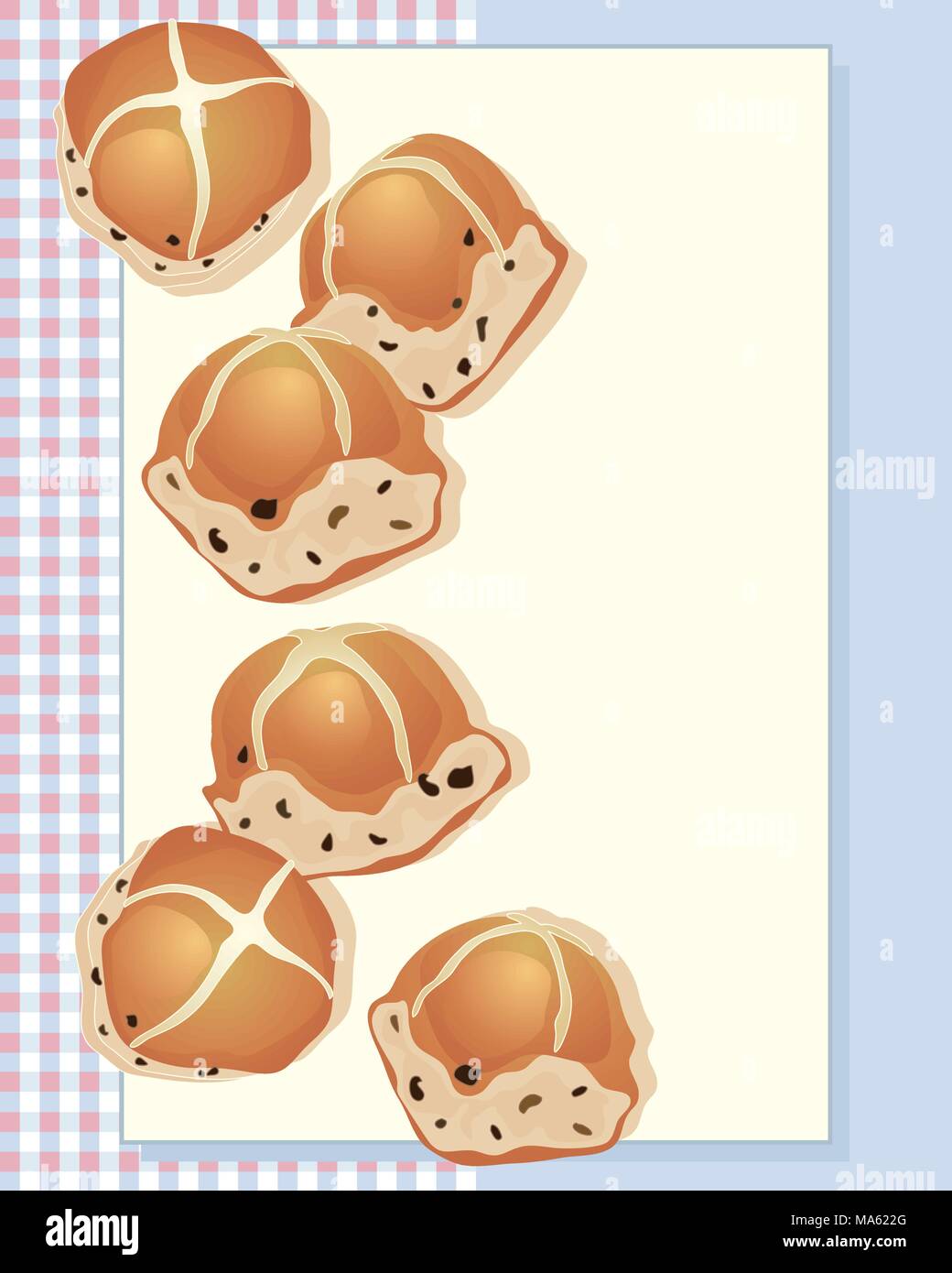 a vector illustration in eps 10 format of delicious hot cross buns freshly baked from the oven on a gingham background and space for text Stock Vector