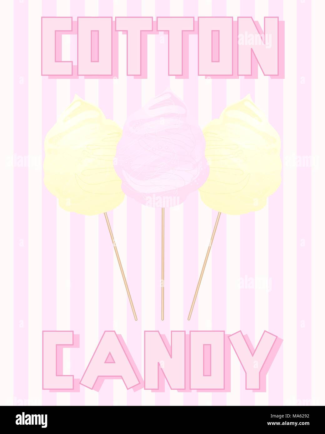 a vector illustration in eps 10 format of a vintage advert for cotton candy in pink and yellow on a striped background Stock Vector