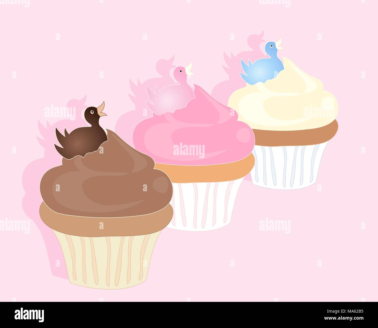 a vector illustration in eps 10 format of three delicious cupcakes with fondant duck decoration on a candy pink background with space for text Stock Vector