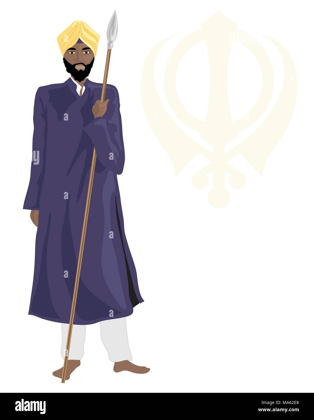 a vector illustration in eps format of a smart sikh temple guard with yellow turban dark blue overcoat and ceremonial wooden spear with sikh symbol Stock Vector