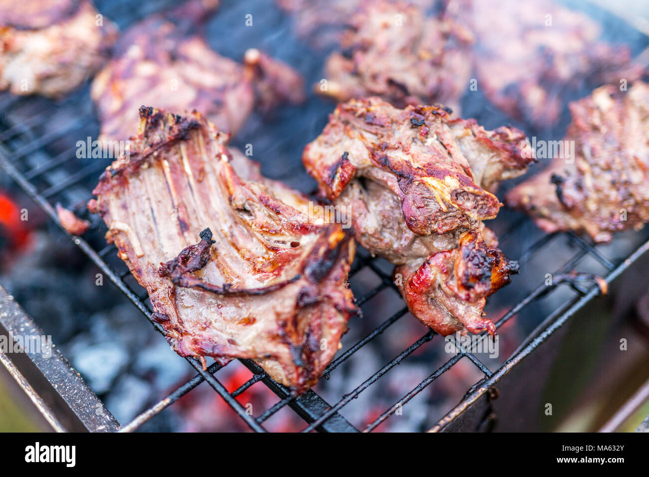 Nutria meat on grill. Stock Photo