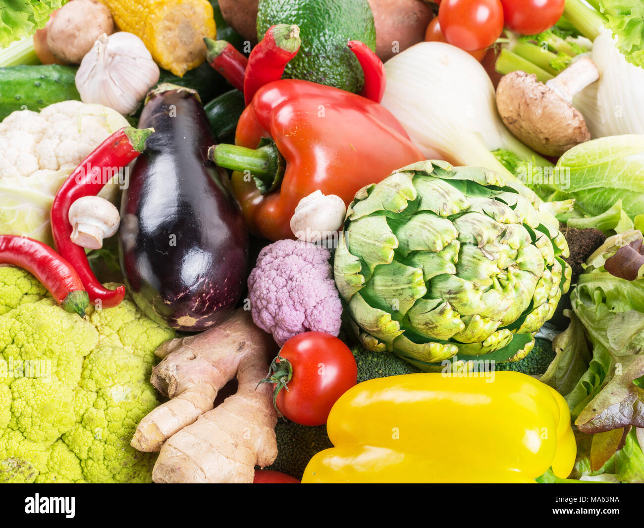 Different organic vegetables. Multicolored food background. Stock Photo